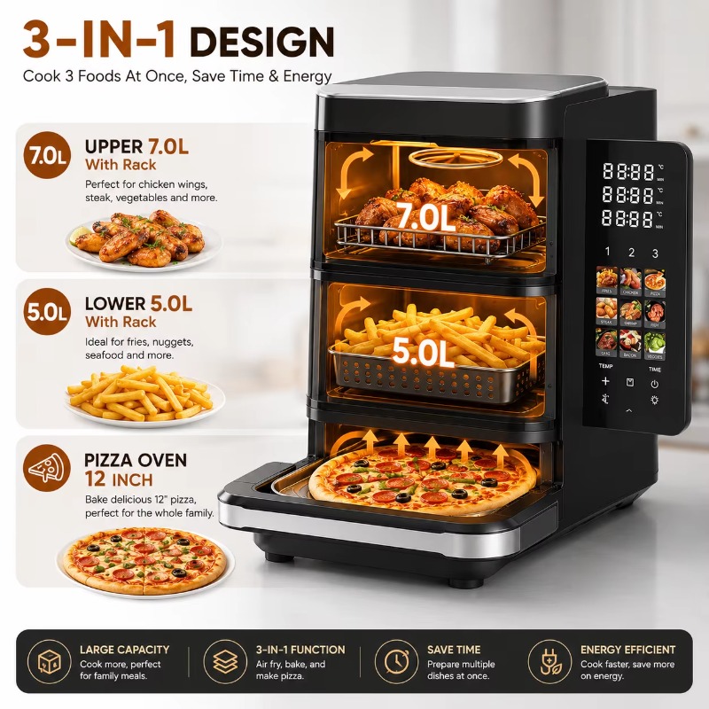 전기 에어프라이어, 피자 굽기 기능, 7L + 5L 용 - Air Fryer 리뷰 및 가격